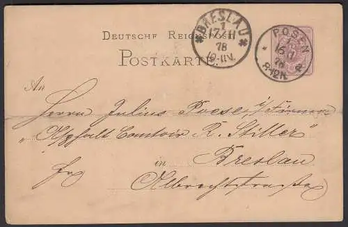 1878 POSEN 5 Pfennige Ganzsachenkarte nach BRESLAU     (32582