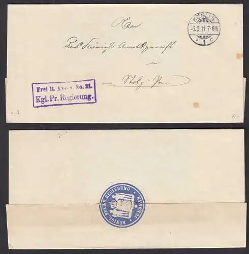 KÖSLIN Frei lt.Avers. Pr. Regierung 1911 nach Molz Pommern Umschlag   (32497