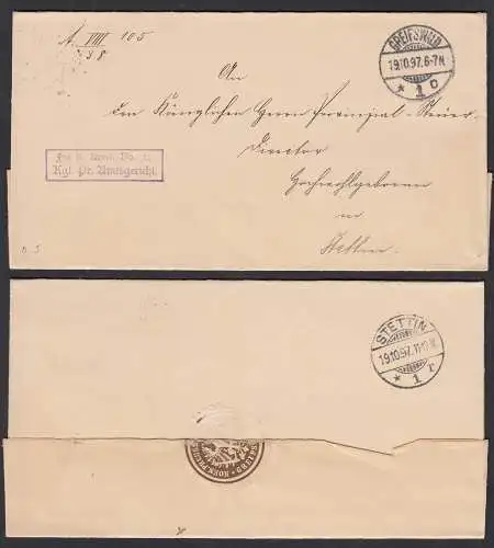 GREIFSWALD Frei lt.Avers. Pr. Amtgericht 1897 nach Stettin Umschlag   (32496