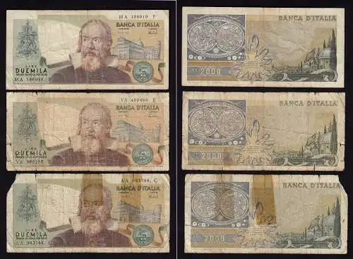 Italien - Italy 3 Stück á 2000 Lire Banknote 1973 Pick 103 - stark gebraucht