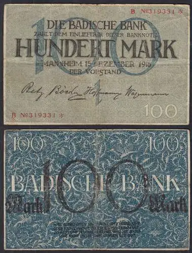 Mannheim 100 Mark 1918 Badische Bank   (32802