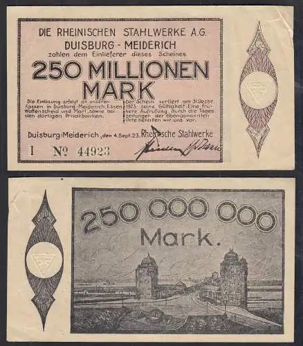 Duisburg-Meiderich Rheinische Stahlwerke 250 Millionen Mark 1923 Notgeld  (32805