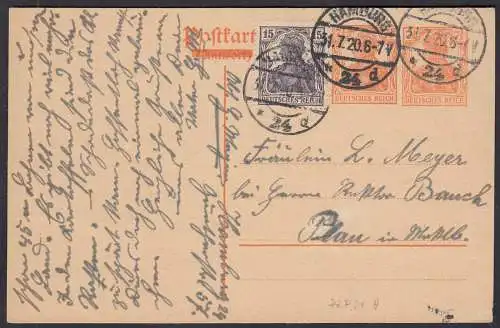 DR Ganzsache Privatzudruck Postkarte PZP21 A m.Zusatzfrankatur 1920 RAR   (28772