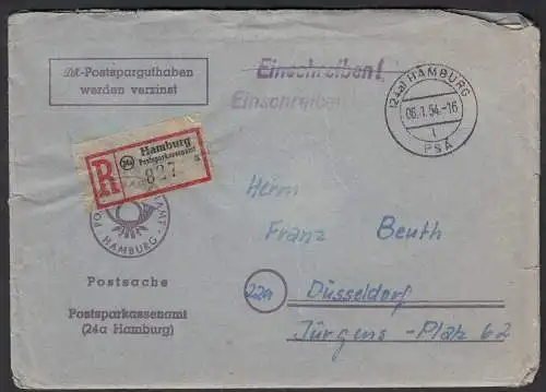 BRD BUNDESREPUBLIK Bund R-Brief Postsparkassenamt Hamburg 1954 mit Inhalt