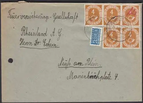 BRD BUNDESREPUBLIK Bund Mi. 124 Mehrfachfrankatur 4 Pfennig Posthorn 1953 (32673