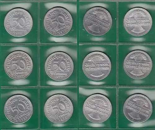 6 Stück 50 Pfennig 1922 alle 6 Prägestätten A,D,E,F,G,J - Jäger 301  (32820