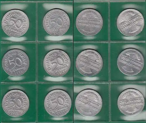 6 Stück 50 Pfennig 1920 alle 6 Prägestätten A,D,E,F,G,J - Jaeger 301  (32818