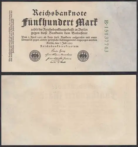 Reichsbanknote 500 Mark 1923 Ro 71c Pick 74c - aUNC (1-) SerieB 8-stellig (32813