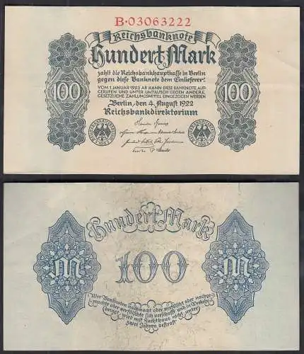 Ro 72 Reichsbanknote 100 Mark 1922 Pick 75 Serie B VF (3)   (32812