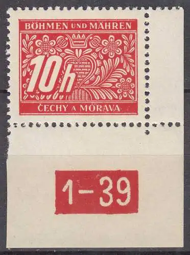 Böhmen & Mähren 1939 Mi. P2 Portomarke ER mit Platten Nr. ** MNH   (70589