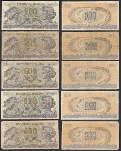 Italien - Italy 5 Stück á 500 Lire Banknote 1967 Pick 93a gebraucht   (32652