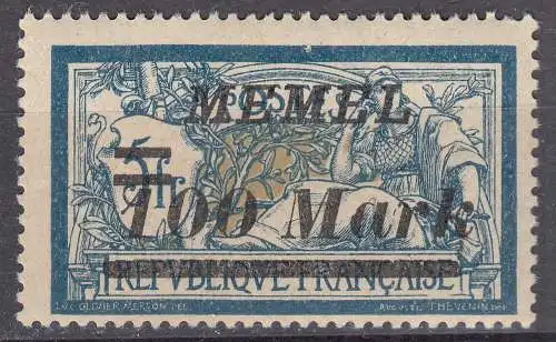 Memel 1922 Mi.118 Freimarke mit Aufdruck 100 M. Auf 5 Fr. postfrisch MNH  (70595