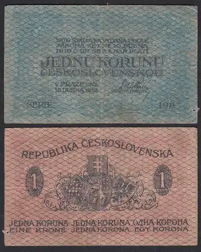 Tschechoslowakei - CZECHOSLOVAKIA 1 KORUN 1919  Pick 6 VG (5) Serie 198  (32827