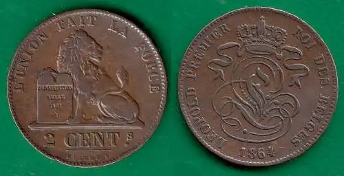 Belgien - Belgium Königreich 2 Centimes Münze 1864 - Leopold I. 1831-65  (32856