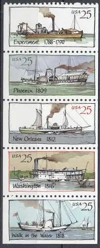 USA 1989 Mi 2031-2035 postfr.** MNH Dampfschiffe Heftchenblatt  (70649