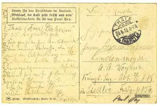 AK Kunstkarte Paul Hey 1916 Wohlauf, die Luft geht frisch und rein   (2951