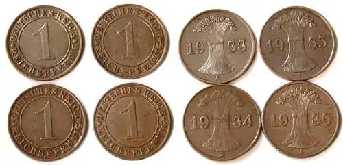 Germany - Third Reich 4 pieces 1 Pfennig coin 1933, 1934, 1935, 1936   (b296