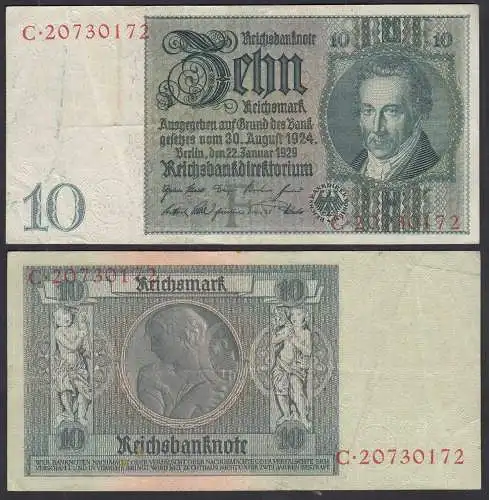 Ro 173a 10 Reichsmark 1929 Pick 180a VF- (3-) UDR F Serie C 8-stellig   (33011