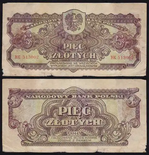 Polen - Poland - Bank Polski 5 Zlotty Banknote 1944  Pick 108 used  (22423