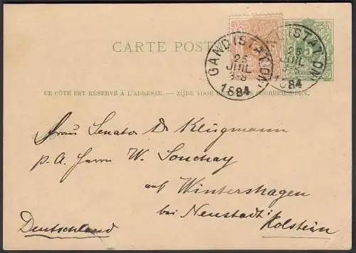 Belgium 1884 Postal Stationery GAND STATION-Wintershagen additional franking 