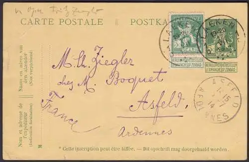 Belgium 1914 Postal Stationery from LAEKEN - ASFELD FRANCE postal card  (22814