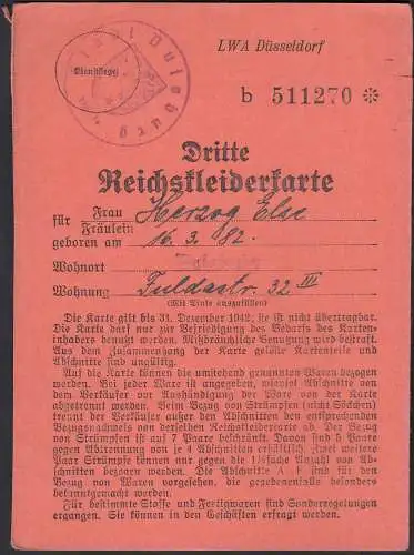3. Reichskleiderkarte 3.Reich 1942 Stadt Duisburg   (23145