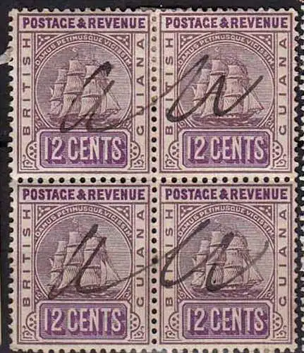 British Guiana 12 Cent Stamp violett in Block of 4 Pen Cancel   (23447b