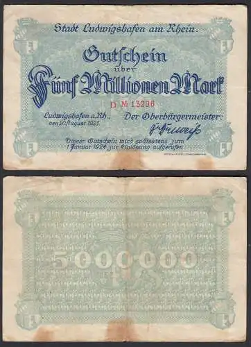 Ludwigshafen - Notgeld 5-Millionen Mark 1923 5-stellig Serie D stark gebraucht