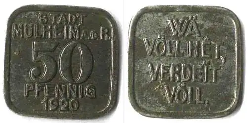 Mülheim Ruhr Germany 50 Pfennig Notgeld  1920 Iron Eisen   (4136