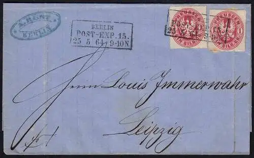 Preussen 1864 Umschlag 2 x 1 Sgr. BERLIN POST-EXP.15. nach Leipzig   (22994