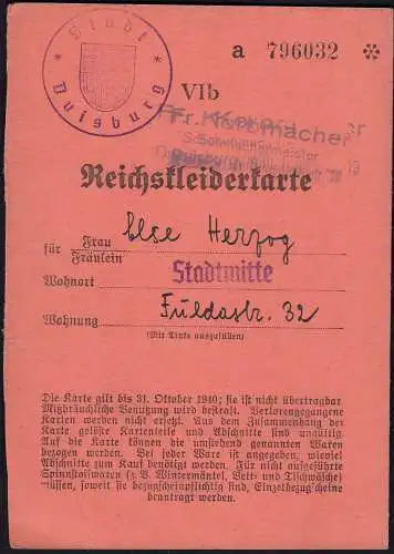 Reichskleiderkarte 3.Reich 1940 Stadt Duisburg   (23048