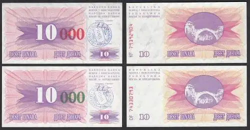 Bosnien-Herzegowina 2 á 10.000 Dinara rot/grün 15.10.1993 Sarajevo Pick 53e + f