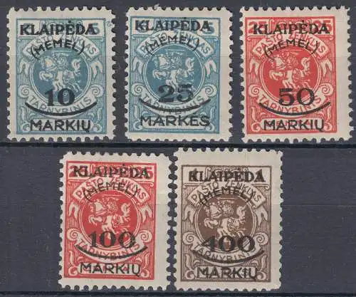 Memel 1923 Mi. 124-128 Freimarken 10 M. bis 400 M. ungebraucht Falz   (70755