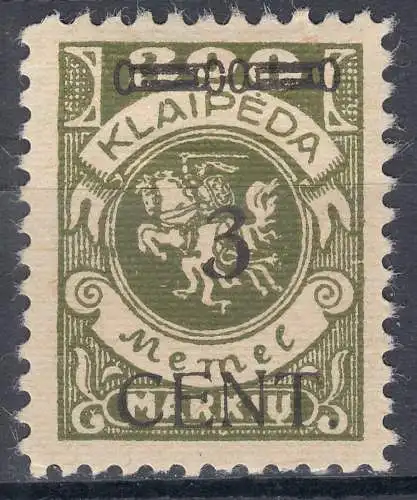 Memel 1923 Mi.179 Freimarke Aufdruck 3 C. auf 300 M. ungebraucht Falz   (70765