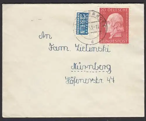 20 Pfennig BRD Bundesrepublik 1955 Mi.202 EF auf Brief Tegernsee-Nürnberg (33086