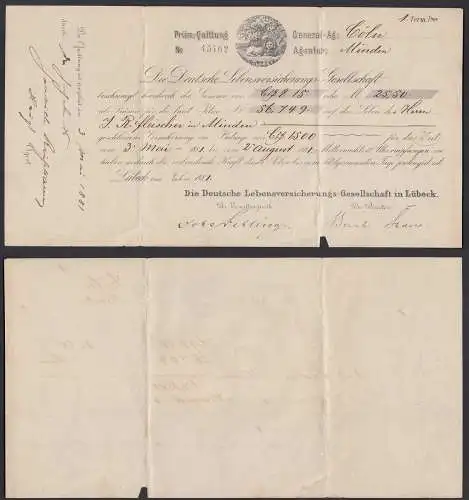 1881 Quittung Deutsche Lebensversicherung Lübeck   (33108