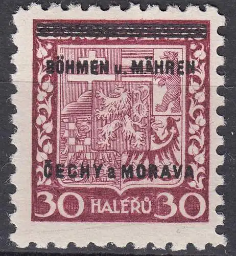 Böhmen & Mähren 1939 Mi. 5 postfrisch ** MNH 30 H. mit Aufdruck  (70830