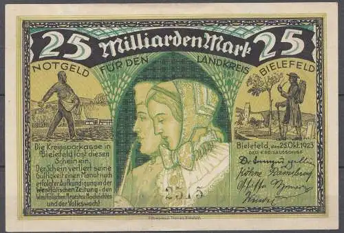 Bielefeld Landkreis 25-Milliarden Mark Notgeld Stadtparkasse 1923 RAR   (33134