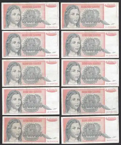 JUGOSLAWIEN - YUGOSLAVIA  10 Stück á 50 Millionen Dinara 1993 Pick 123 ca.VF (3)