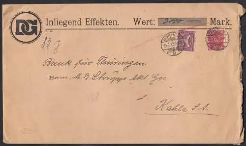 Deutsches Reich Infla WERTBRIEF 3000 MARK 1922 von Berlin nach Kahla   (23108