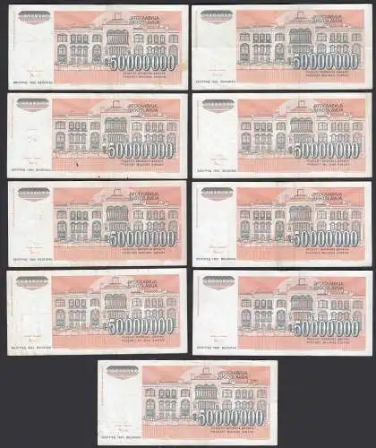 JUGOSLAWIEN - YUGOSLAVIA  9 Stück á 50 Millionen D. 1993 Pick 123 ca.F/VF (3/4)