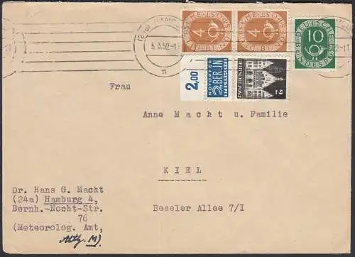 BRD Bund Bauten Posthorn Brief Mif. 1952 Hamburg - Kiel  (33144