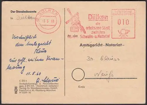 DÜLKEN Standesamt Karte an Amtsgericht Neuss 1960 Freistempel    (33145