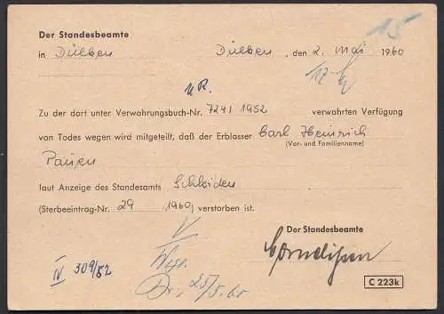 DÜLKEN Standesamt Karte an Amtsgericht Neuss 1960 Freistempel    (33145