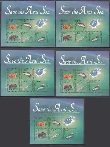 Komplette Ausgabe 5 Blocks/Sheets "Rettet den Aral See" Tiere und Fische  (65565