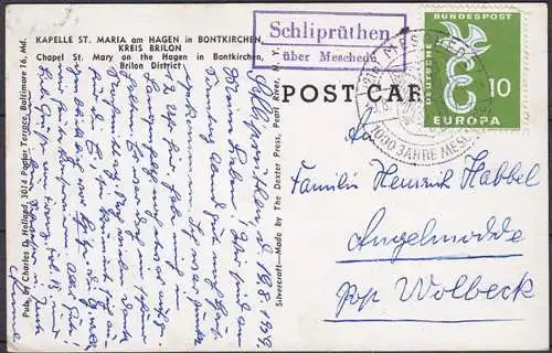 Karte Posthilfstelle Landpost Schliprüthen über Meschede 1959   (4429