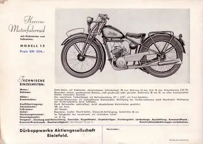 Dürkopp Motorfahrrad Modelle 10 11 12 Prospekt 1936