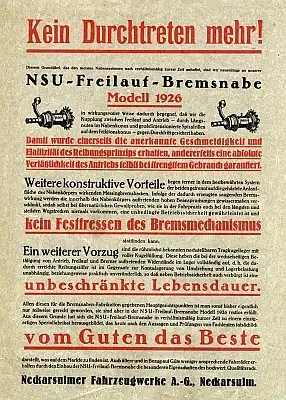 NSU Freilauf-Bremsnabe Prospekt 1926