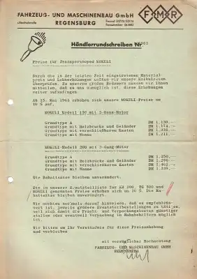 Messerschmitt Mokuli Händlerschreiben Preisliste 1963