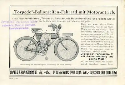 Torpedo Fahrrad mit 74ccm Motorantrieb Prospekt 1930